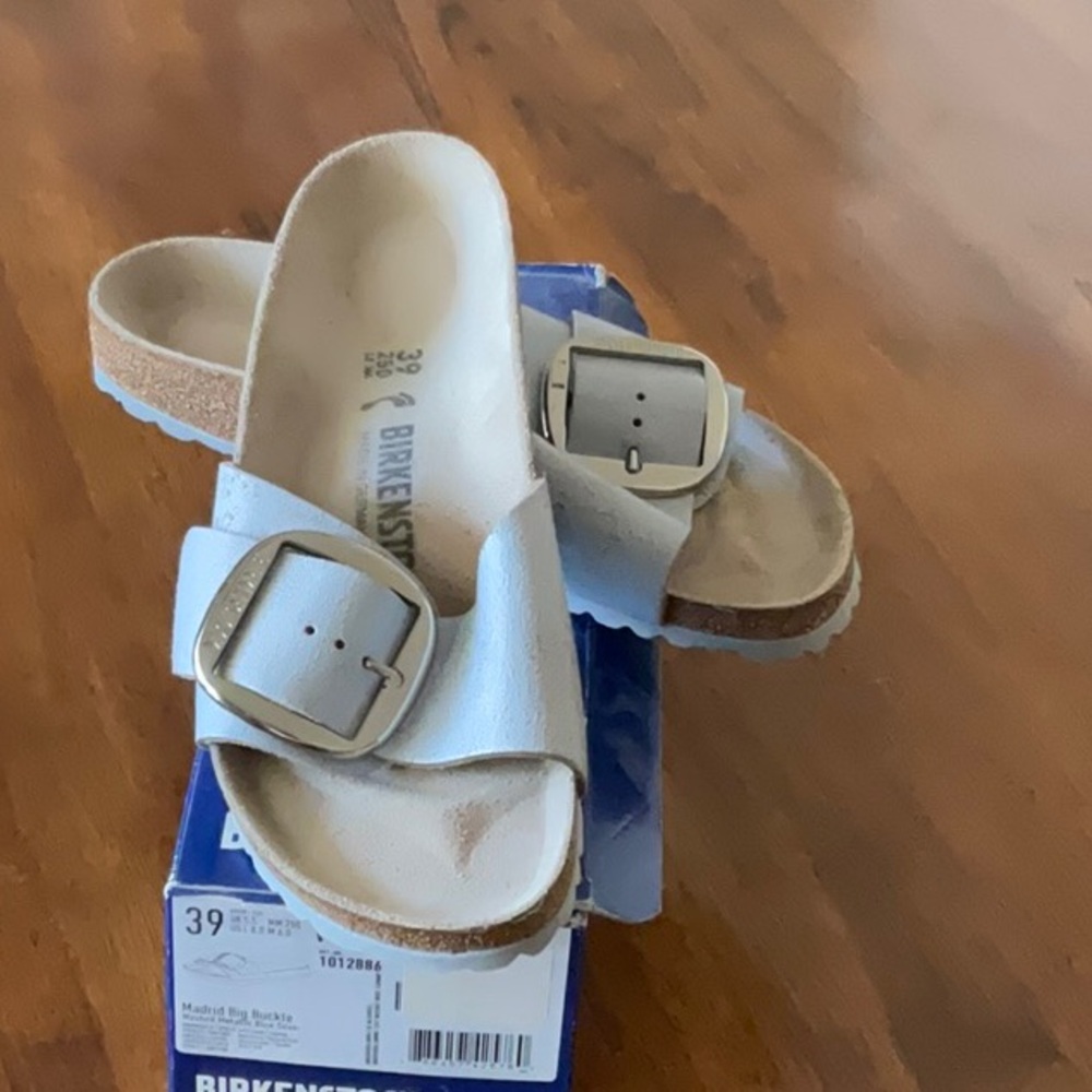 Birkenstock Metallic Blue Slide Sandals with Silver Big Buckle